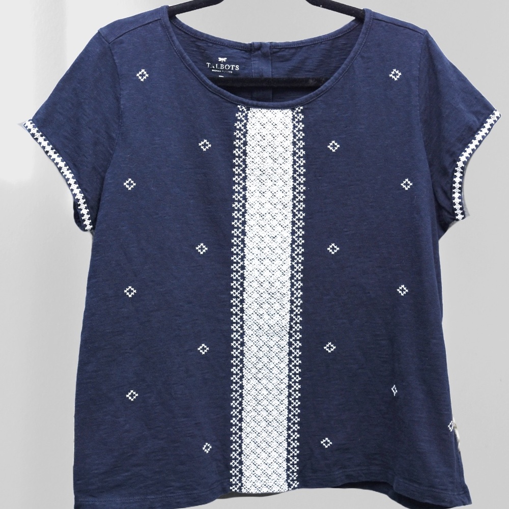 Talbots 100% Cotton Navy Blue Embroidered Knit Top Blouse Short Sleeve 1XP
